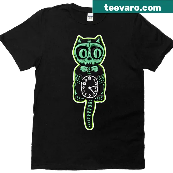 Whimsical cat skeleton with clocks graphic on t-shirt