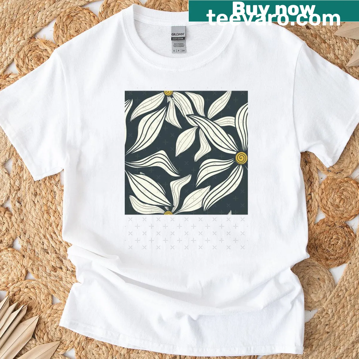 Black and white floral illustration T-shirt design — on a men's t-shirt