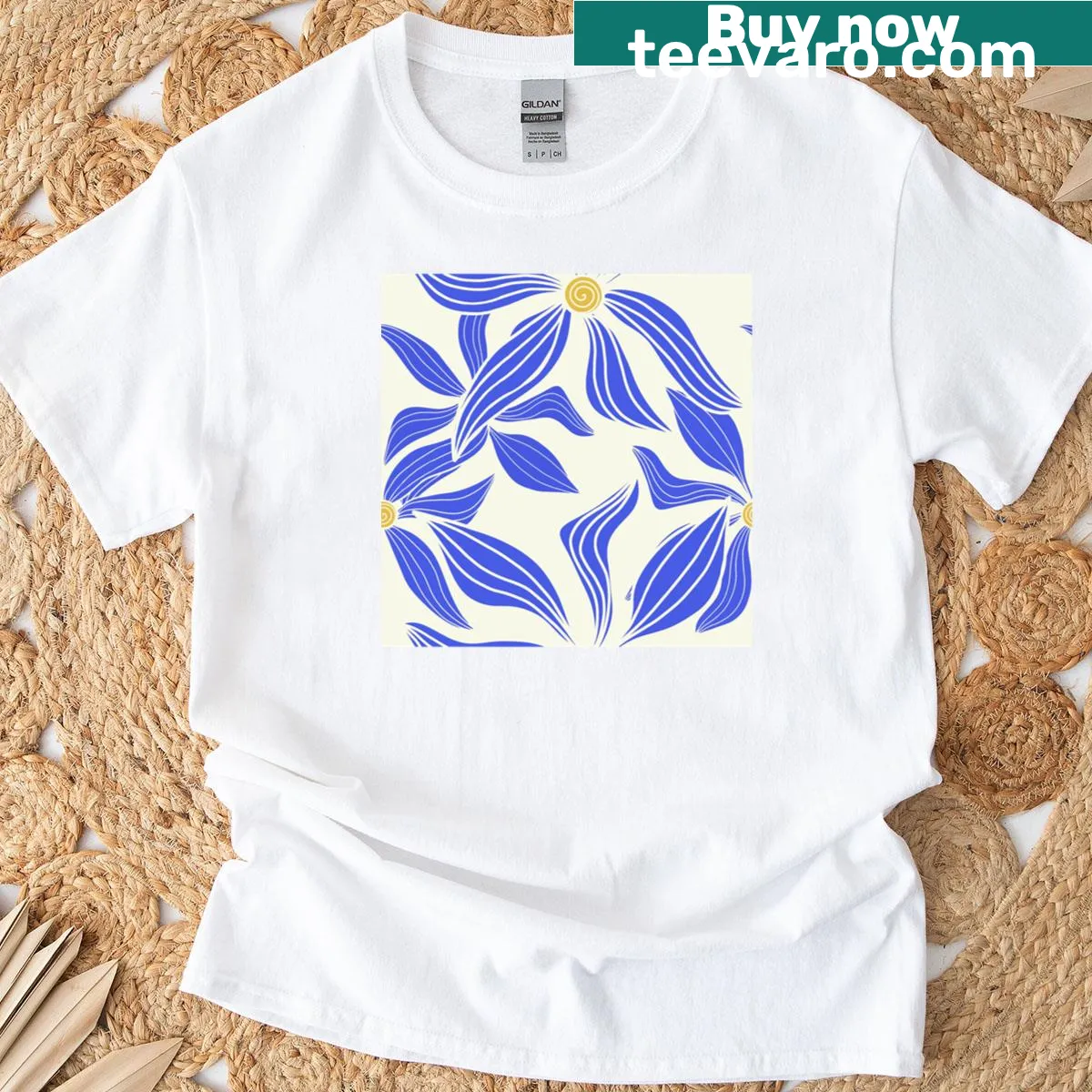 Blue and white floral illustration T-shirt design — on a men's t-shirt