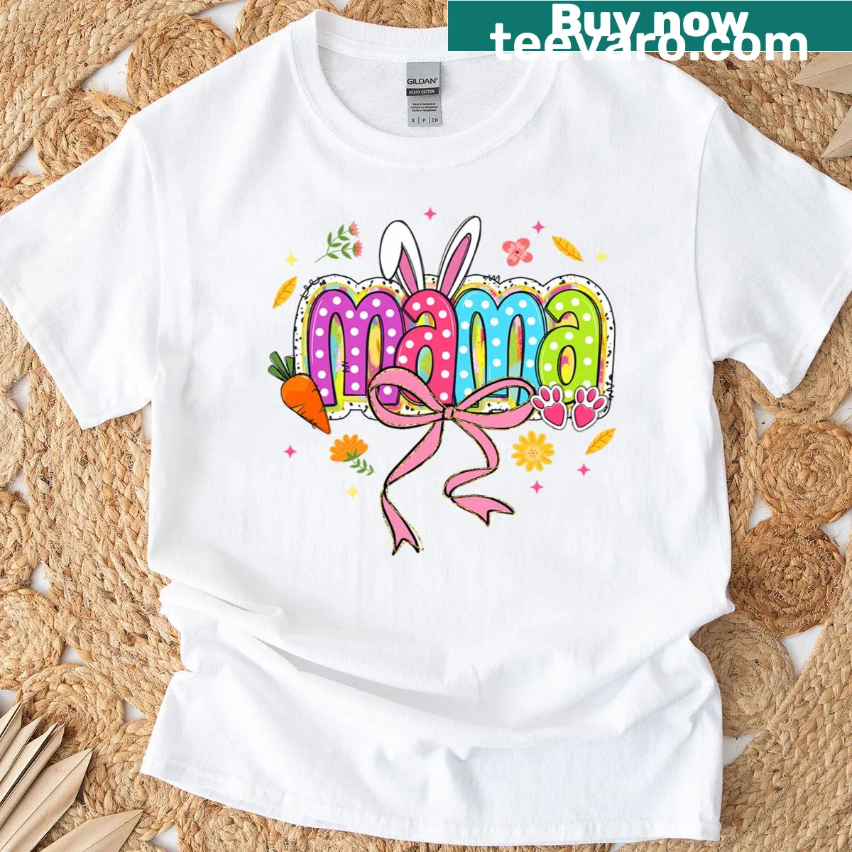 Illustrated bunny with a bow and floral designs for Easter — on a men's t-shirt