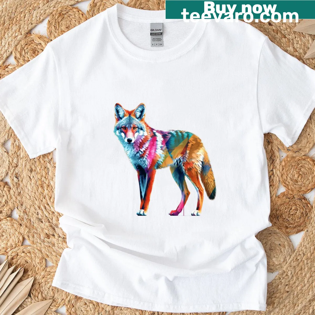 Watercolor T-shirt featuring a coyote in a natural setting — on a men's t-shirt