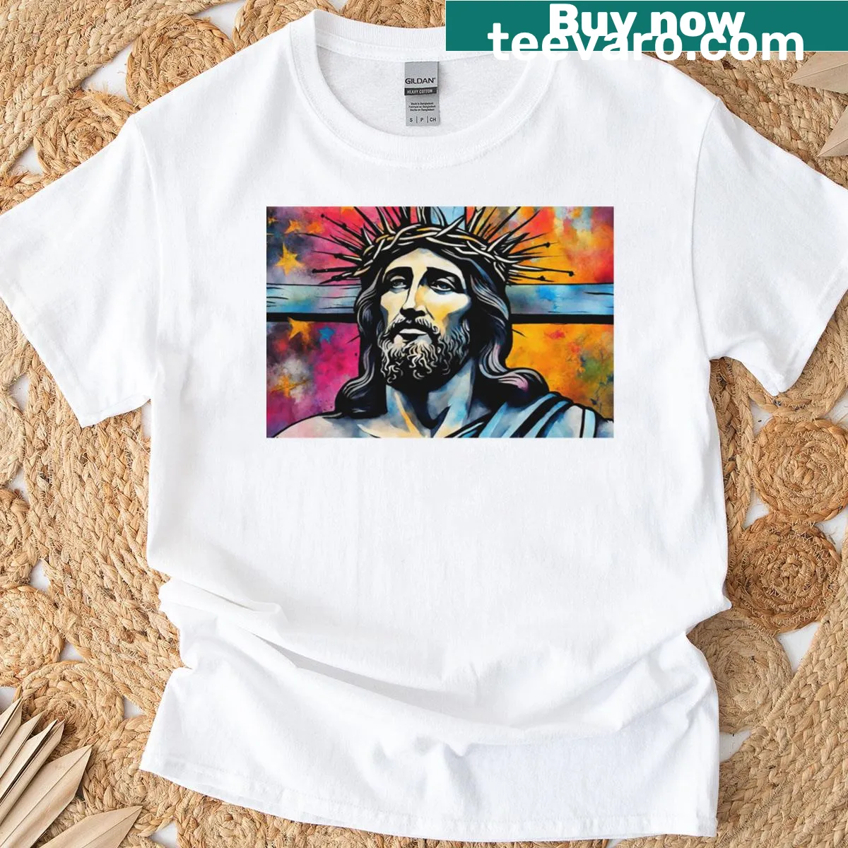 Illustrative design representing the crucifixion for faith wearers — on a men's t-shirt
