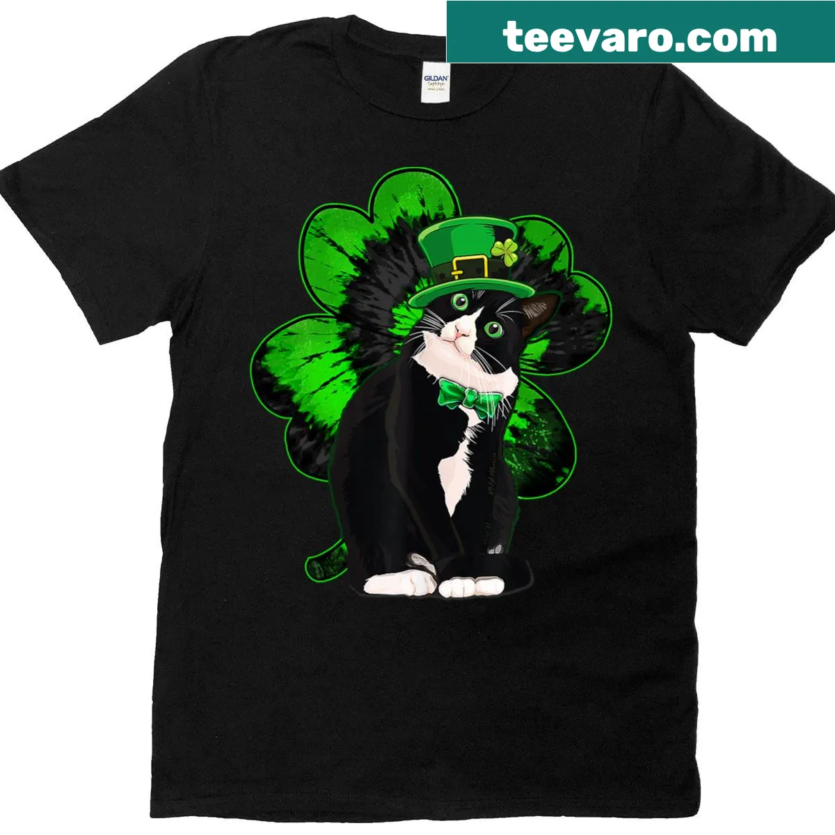 Cute St. Patrick's Day cat design with shamrocks on T-shirt — on a men's t-shirt