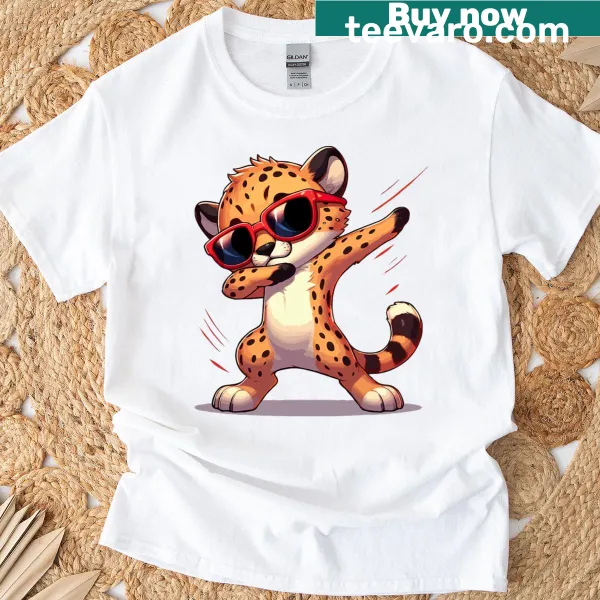 Whimsical dabbing cheetah wearing sunglasses on a fun t-shirt