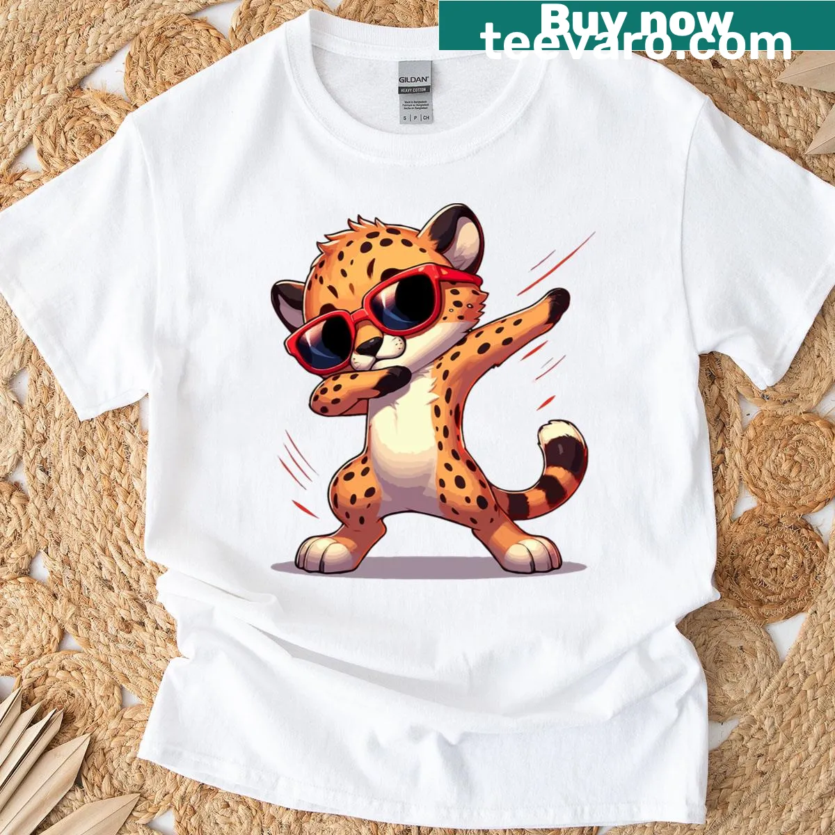 Whimsical dabbing cheetah wearing sunglasses on a fun t-shirt — on a men's t-shirt