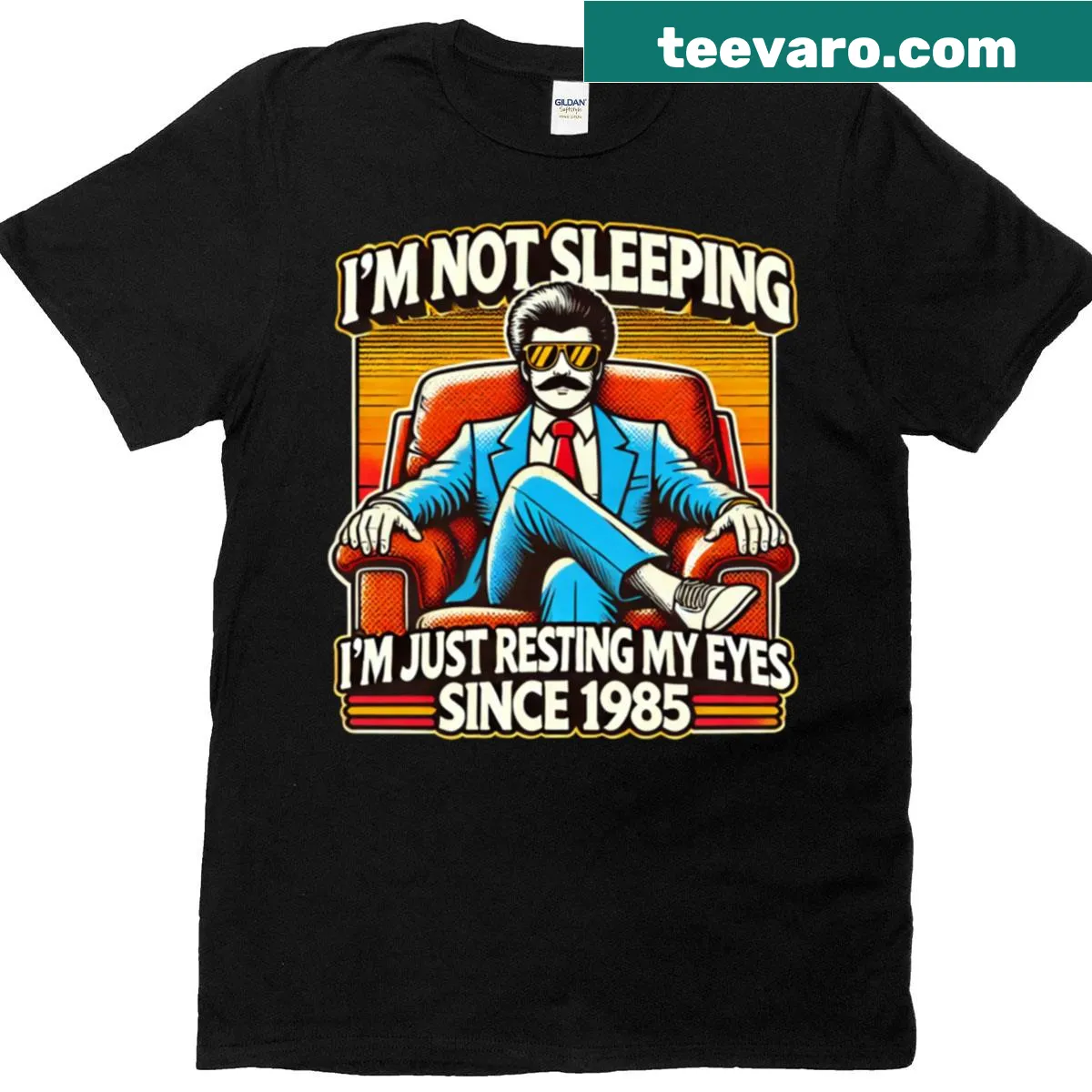 Funny dad t-shirt with resting eyes slogan since 1985 — on a men's t-shirt