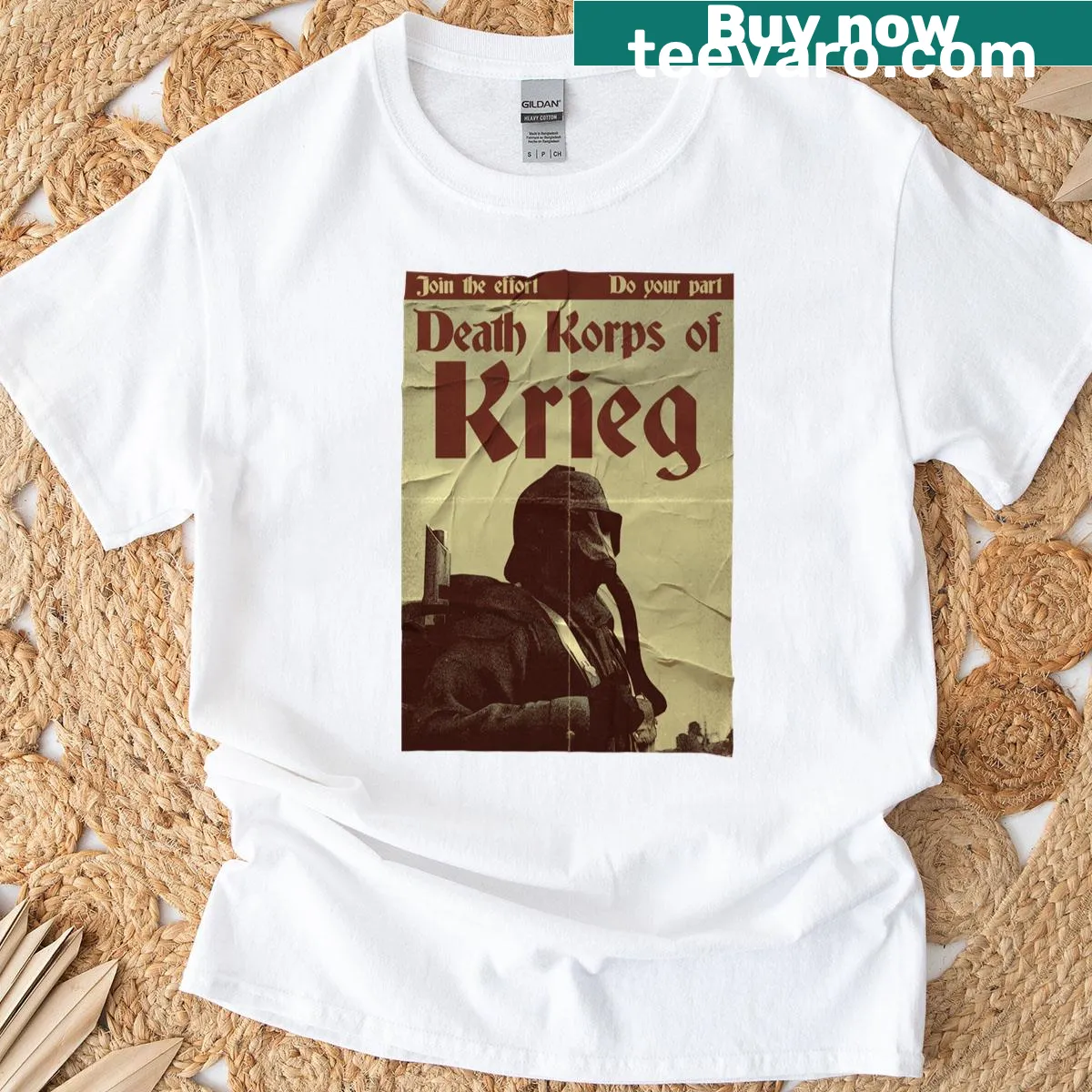 Death Korps themed t-shirt with recruitment poster design — on a men's t-shirt