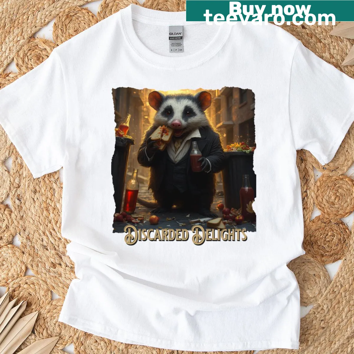 Whimsical illustration of an opossum dining fine on a t-shirt — on a men's t-shirt