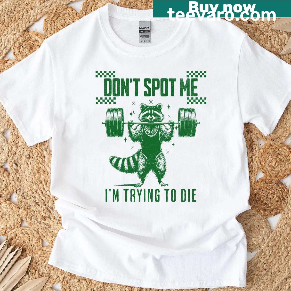 Vintage raccoon weightlifter t-shirt with humorous text — on a men's t-shirt