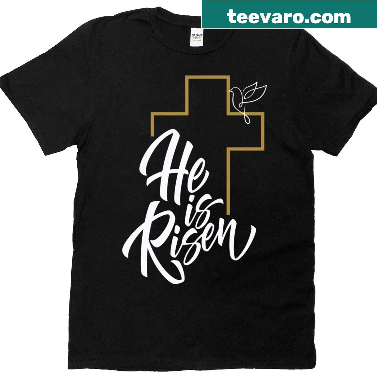 T-shirt featuring a cross and dove illustration with 'He Is Risen' text — on a men's t-shirt