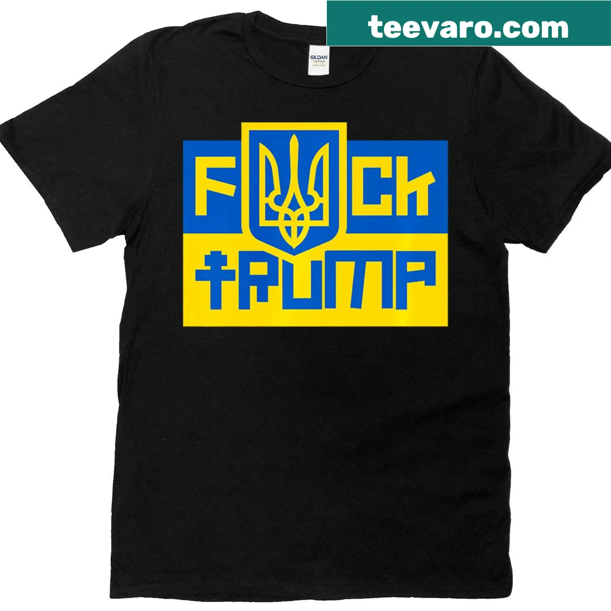 Bold political T-shirt with Ukraine emblem and flag colors — on a men's t-shirt