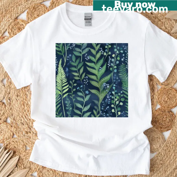 Seamless pattern T-shirt featuring fern fronds and forget-me-nots