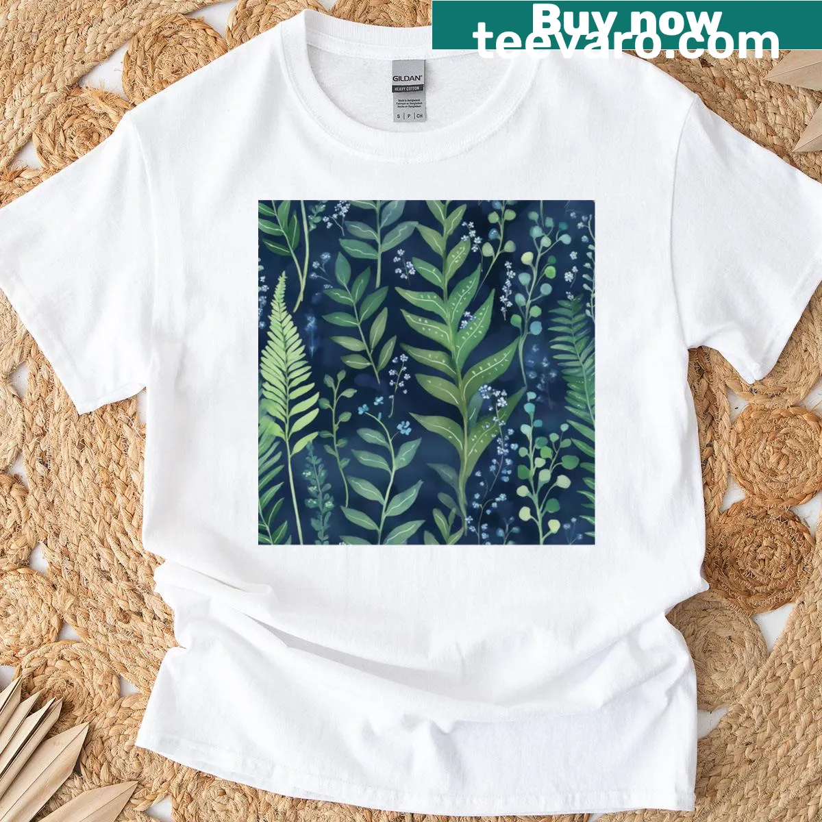 Seamless pattern T-shirt featuring fern fronds and forget-me-nots — on a men's t-shirt
