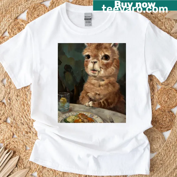 Cartoon t-shirt featuring an alpaca enjoying a delightful meal