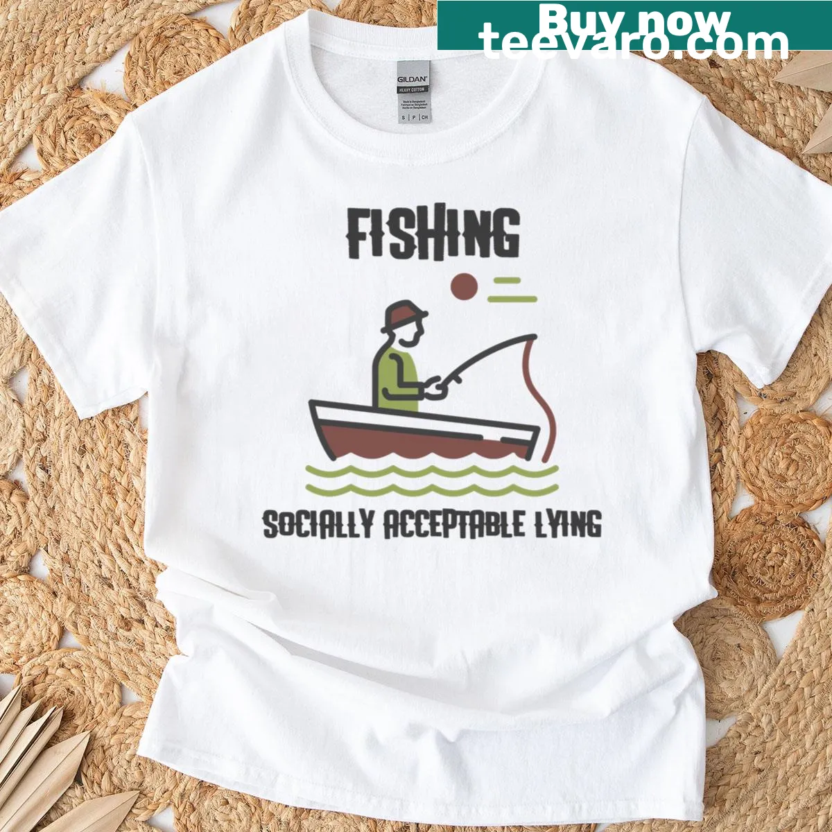 Funny T-shirt with 'Fishing: Socially Acceptable Lying' text — on a men's t-shirt