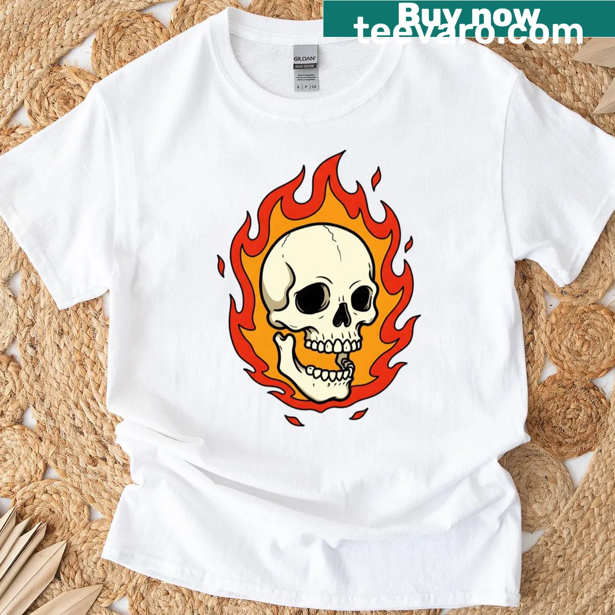 Illustrated Flaming Skull T-shirt with bright flames — on a men's t-shirt