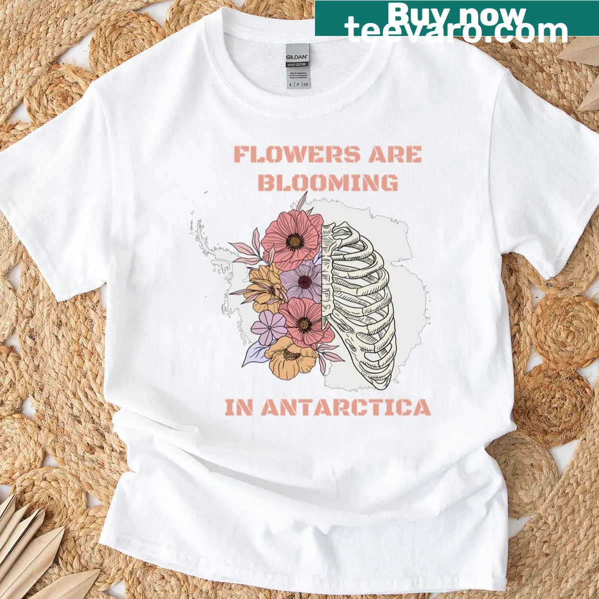 Whimsical T-shirt depicting flowers blooming in Antarctica — on a men's t-shirt