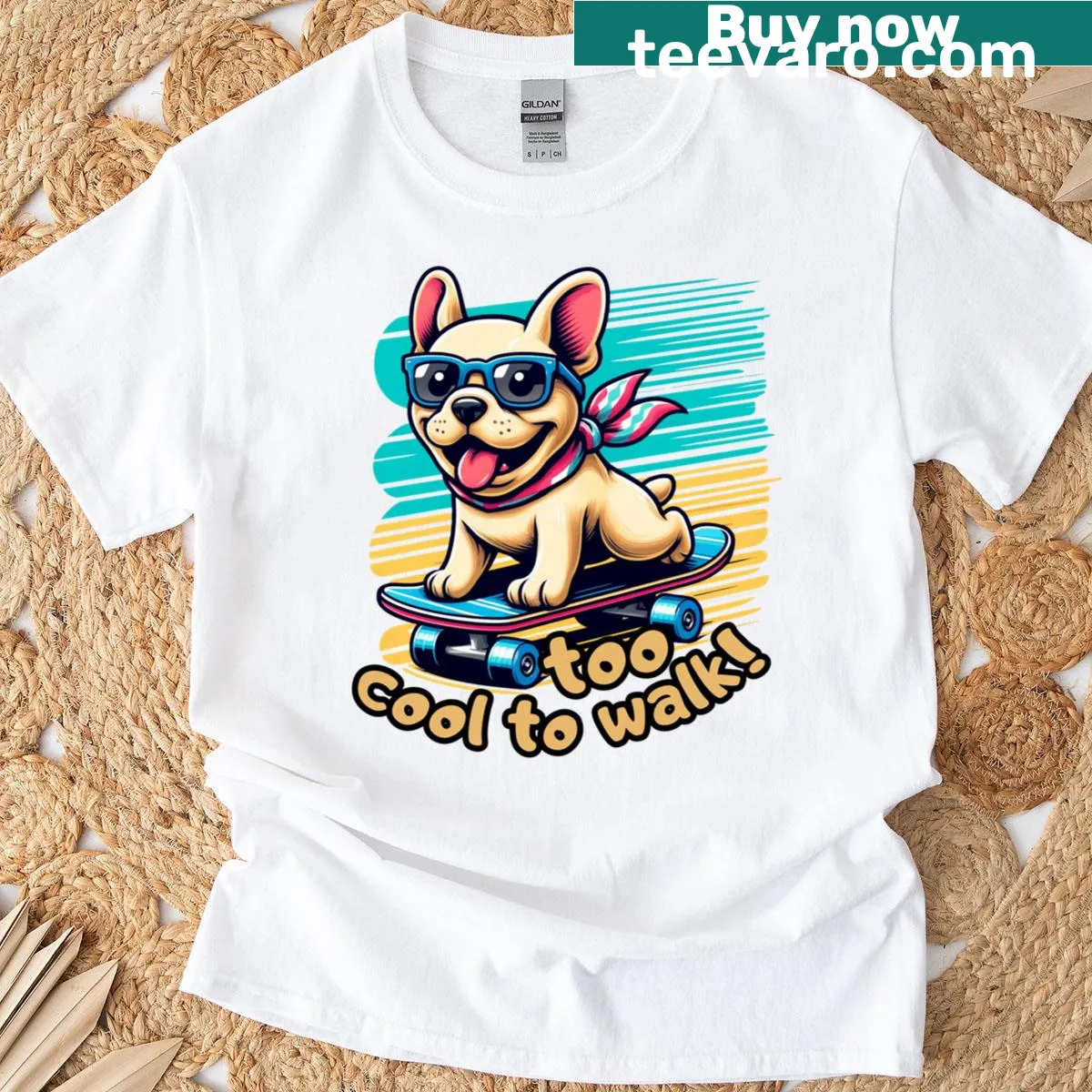 Cartoon French bulldog skating design on an everyday t-shirt — on a men's t-shirt