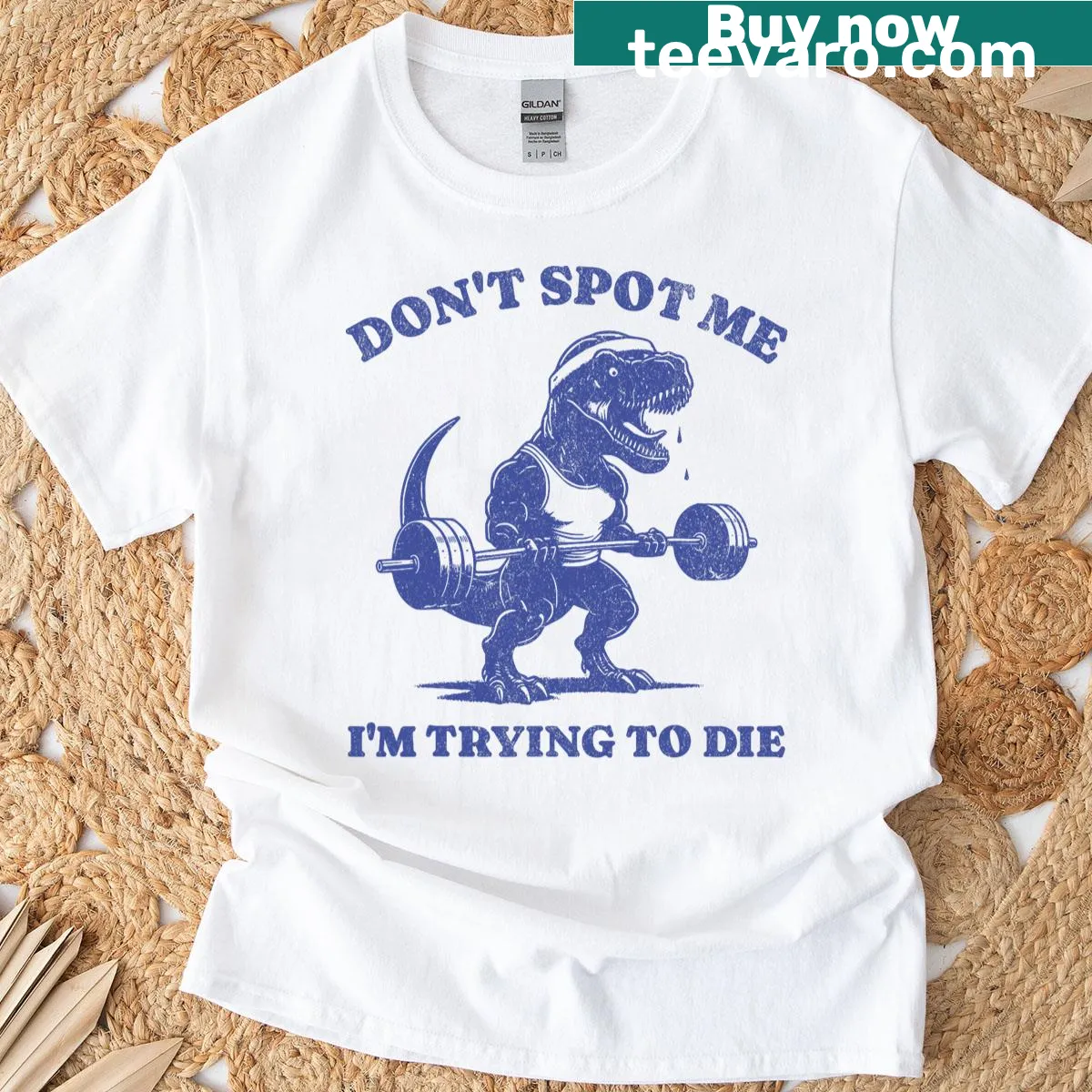 Funny dinosaur gym t-shirt with workout humor text — on a men's t-shirt