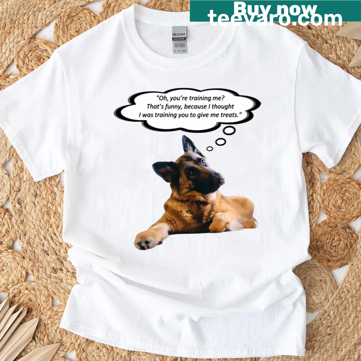 Humorous T-shirt featuring a speech bubble about training a German Shepherd — on a men's t-shirt