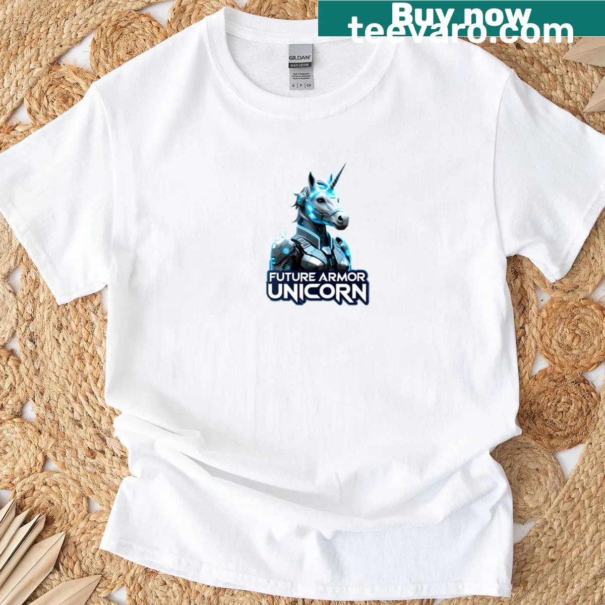 Futuristic unicorn T-shirt with armor illustration — on a men's t-shirt