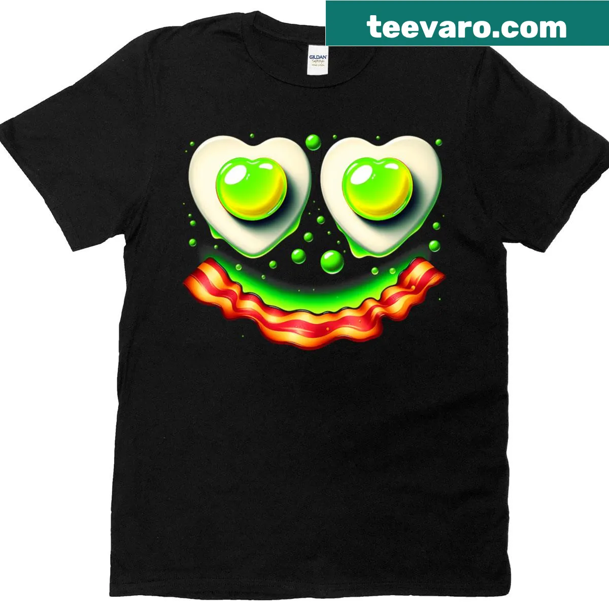 Brunch-themed t-shirt featuring a green chicken, egg, and smiley face illustration. — on a men's t-shirt