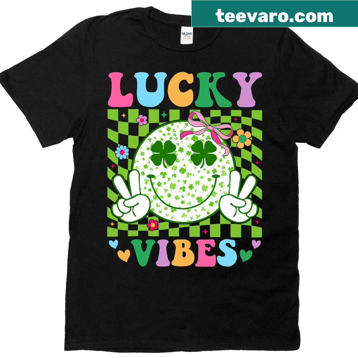 Kids t-shirt with a shamrock and lucky vibes graphic for St. Patrick's Day. — on a men's t-shirt