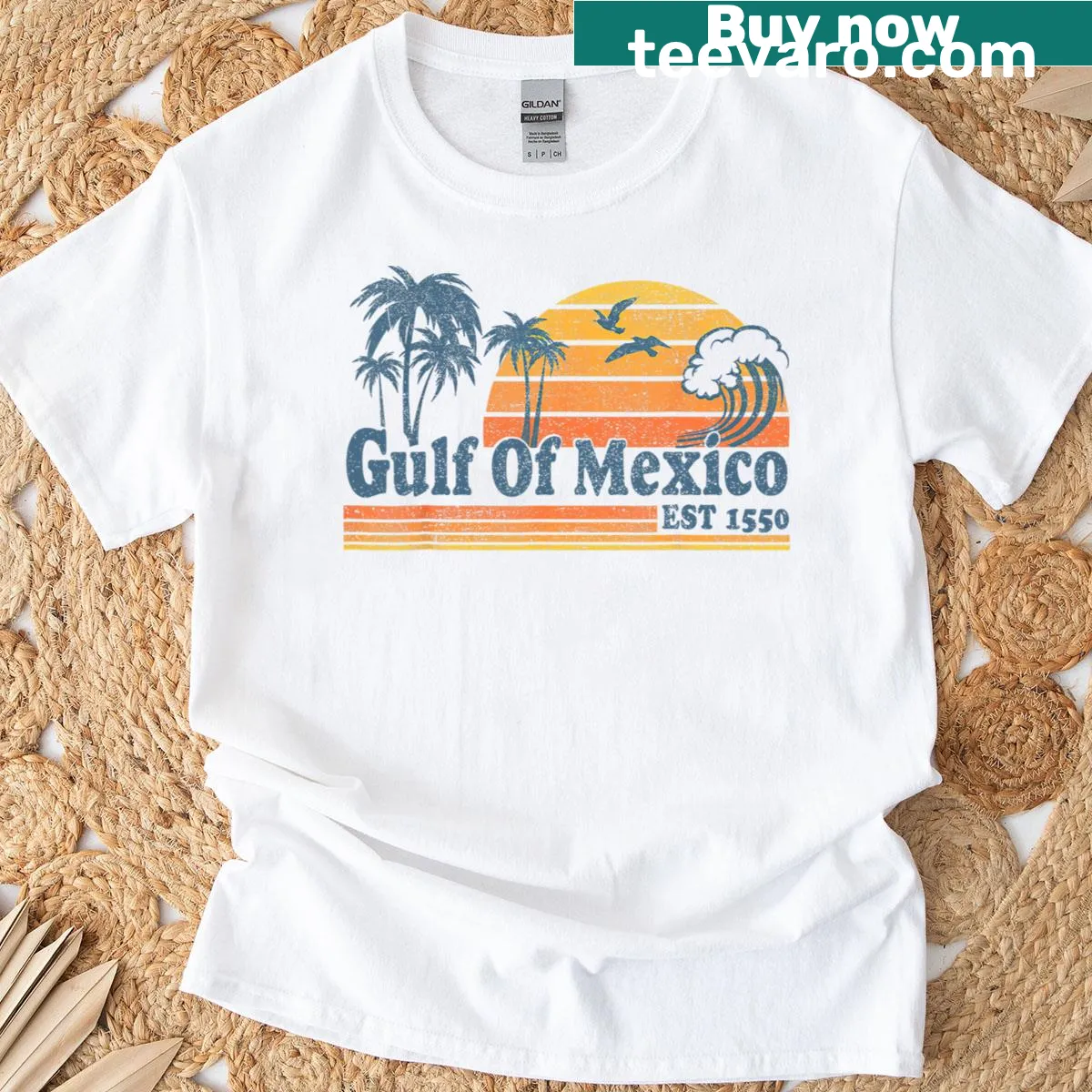 Vintage-style t-shirt with Gulf of Mexico Est 1550 graphic. — on a men's t-shirt