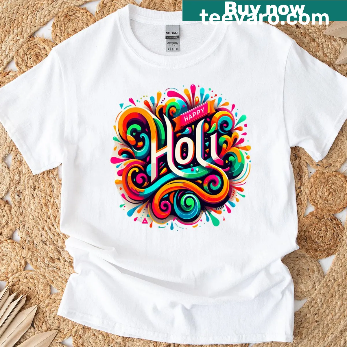 T-shirt designed for the Holi festival, featuring festive graphics for family wear. — on a men's t-shirt
