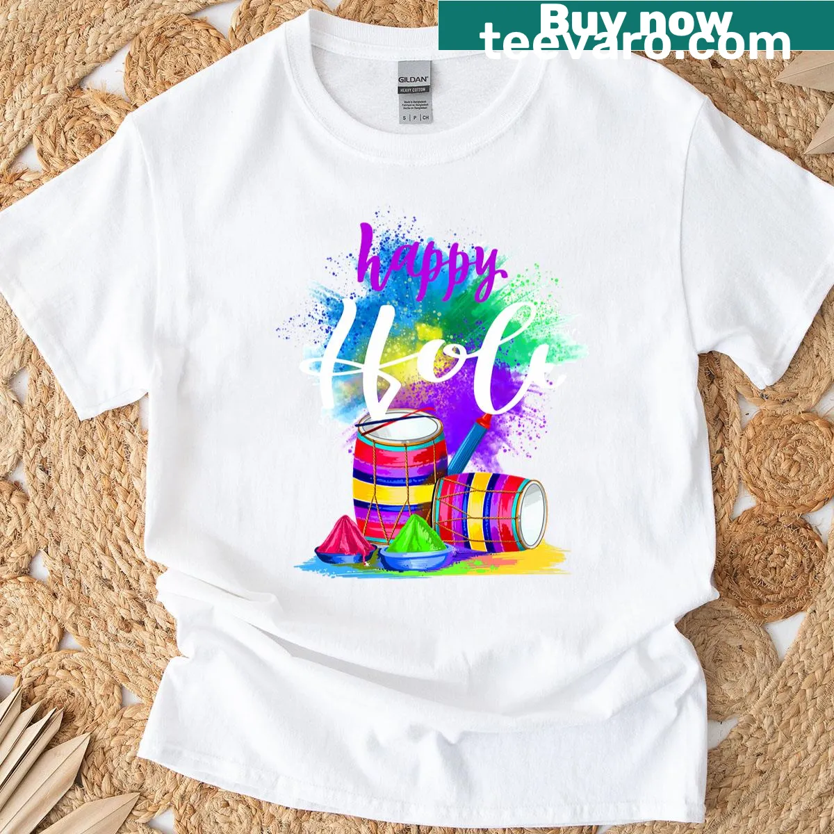 Holi t-shirt for kids with playful graphics for celebration — on a men's t-shirt