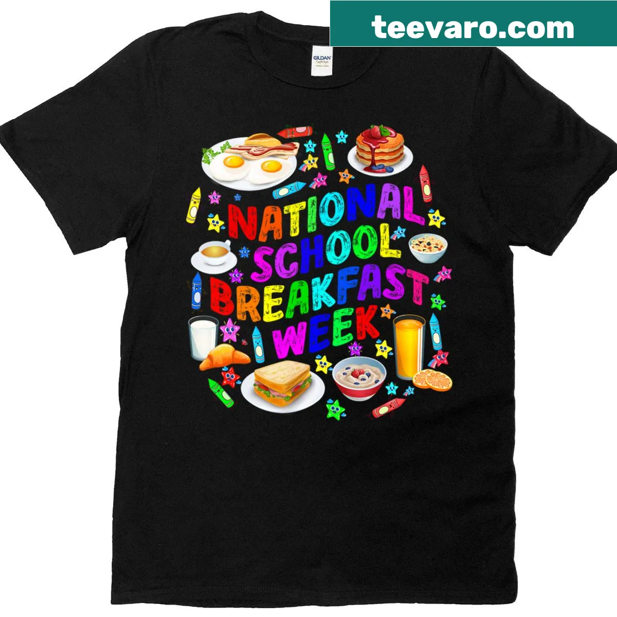 School breakfast-themed t-shirt for kids with fun illustrations — on a men's t-shirt