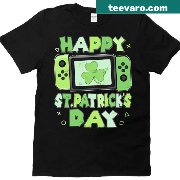 St. Patrick's Day tee featuring shamrocks and gaming graphics for kids