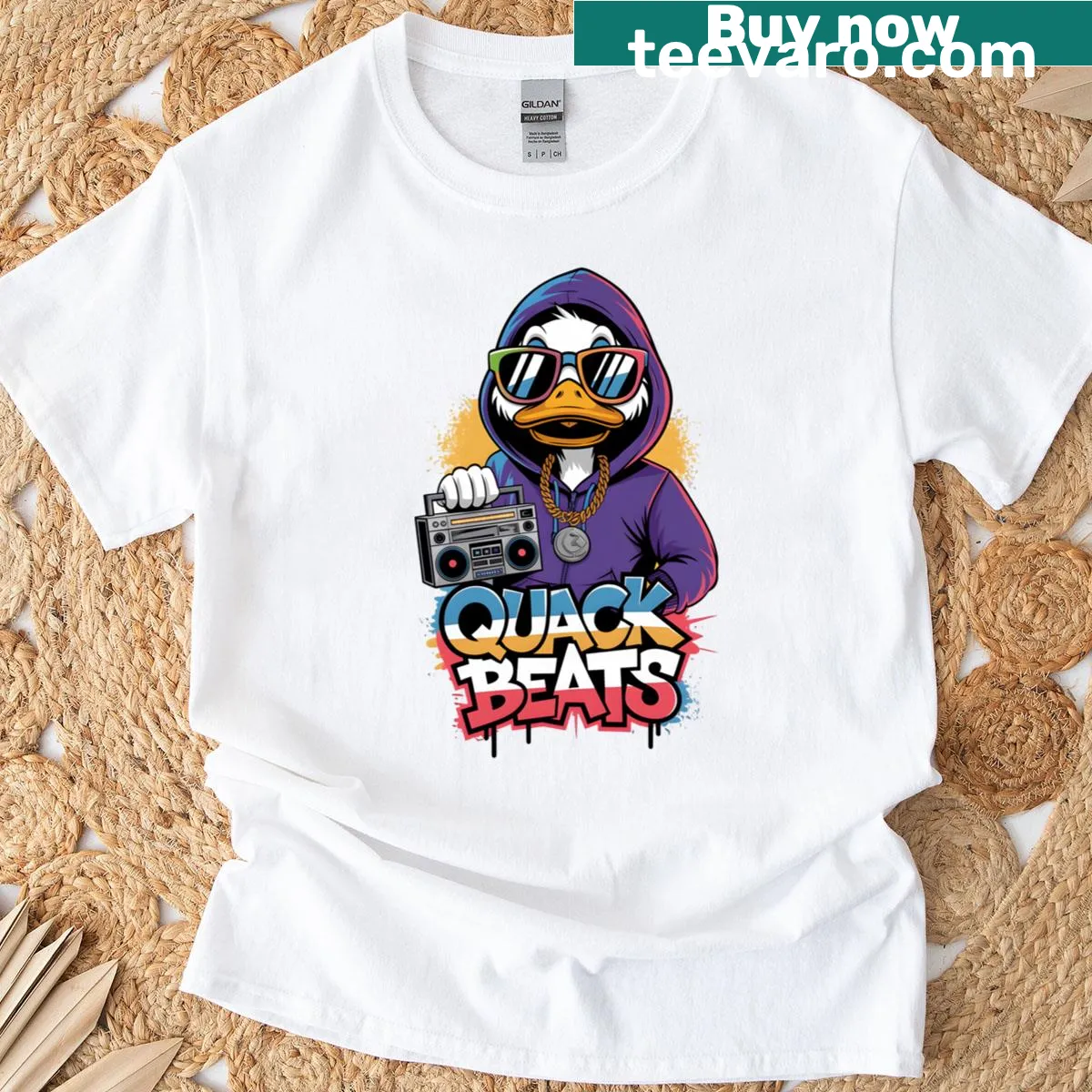 Cartoon duck with a cap and gold chain on a T-shirt — on a men's t-shirt
