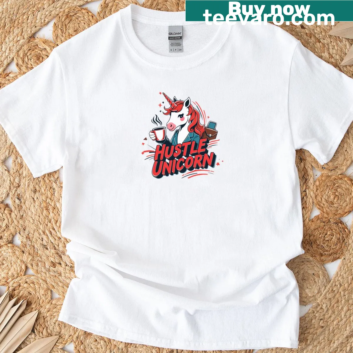 Unicorn illustration on a motivational Hustle t-shirt — on a men's t-shirt