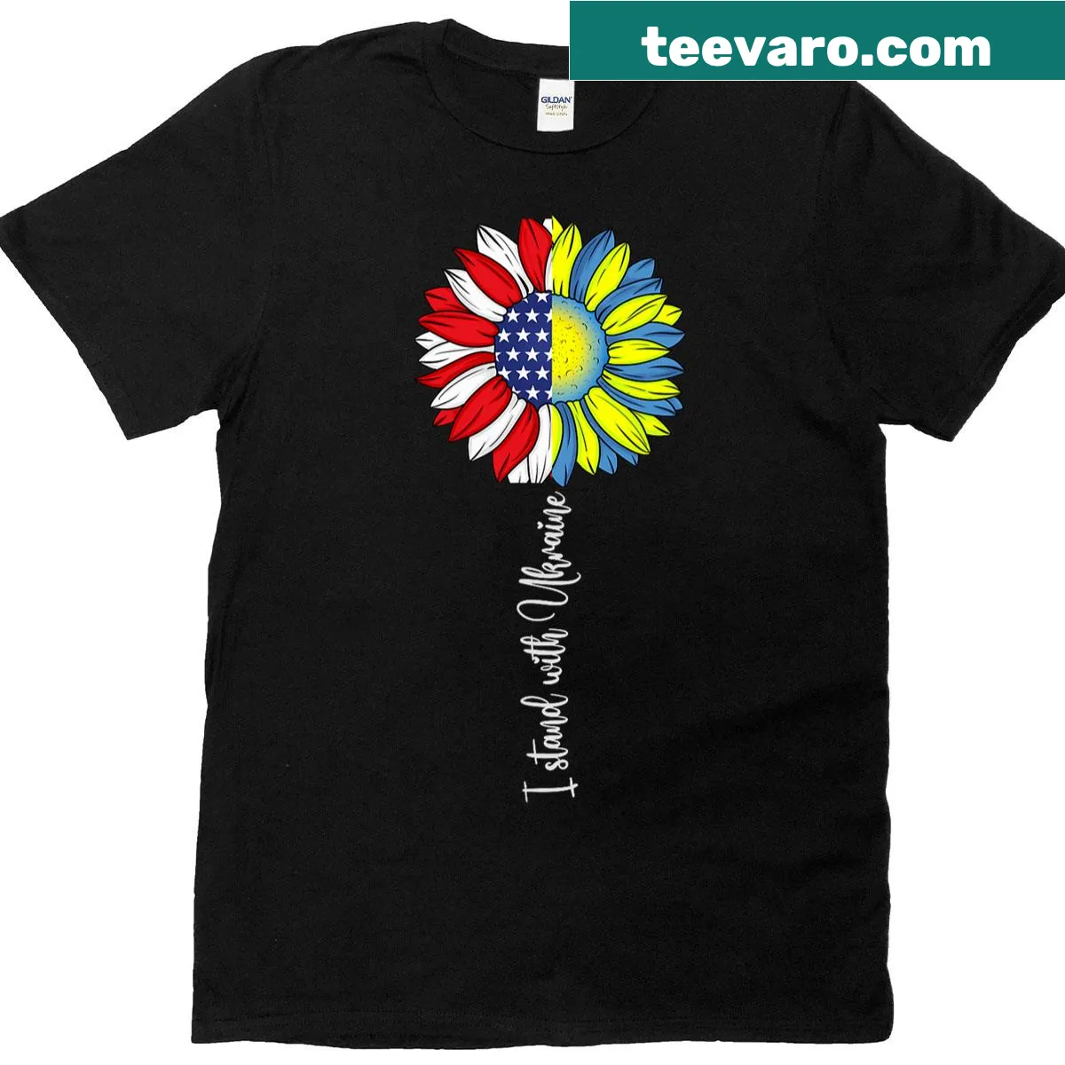 T-shirt featuring American and Ukrainian flags with floral design — on a men's t-shirt