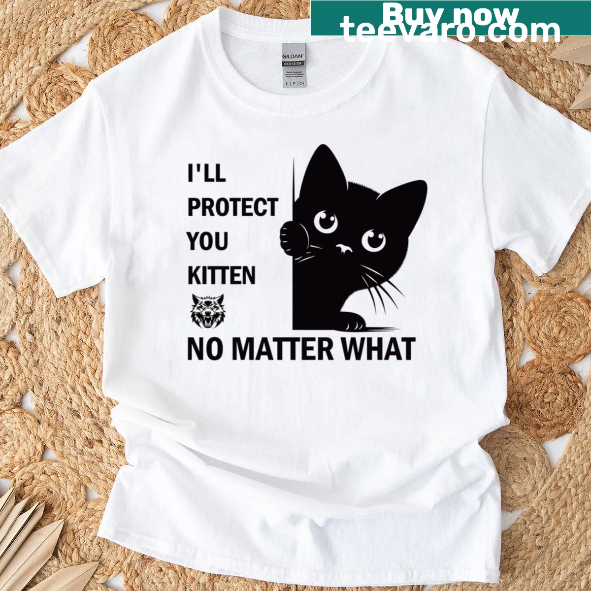 T-shirt featuring a cute kitten and alpha wolf illustration — on a men's t-shirt