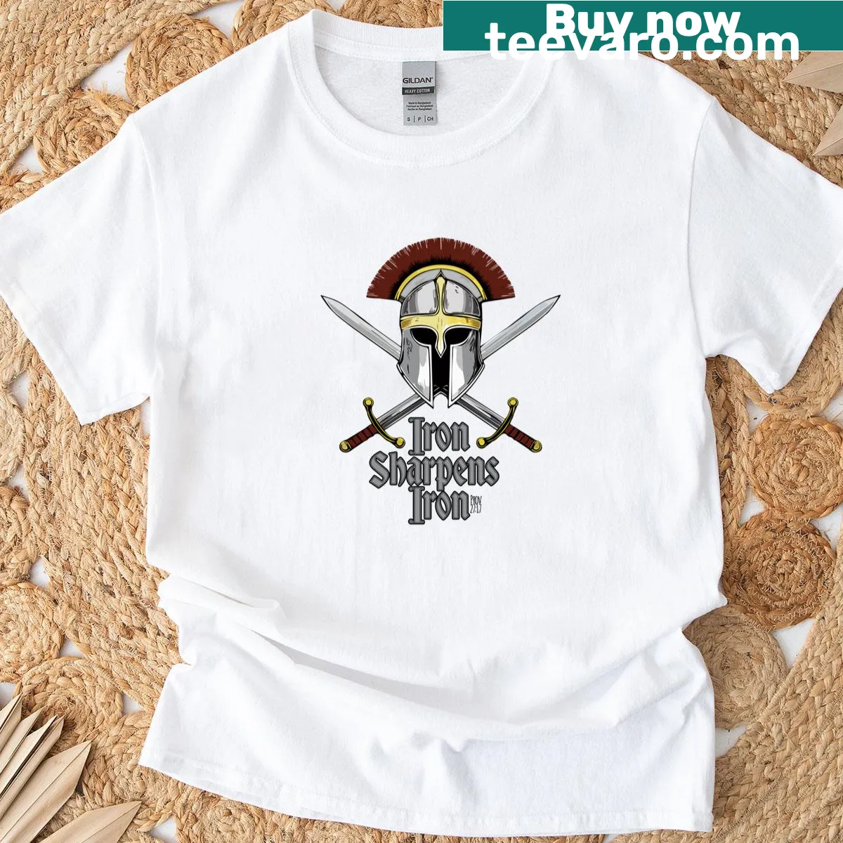Inspirational Christian t-shirt with the phrase 'Iron Sharpens Iron' — on a men's t-shirt