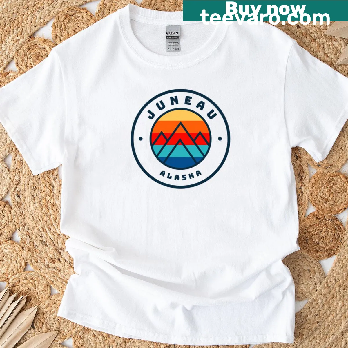 T-shirt with a dog and mountains illustration representing Juneau, Alaska — on a men's t-shirt