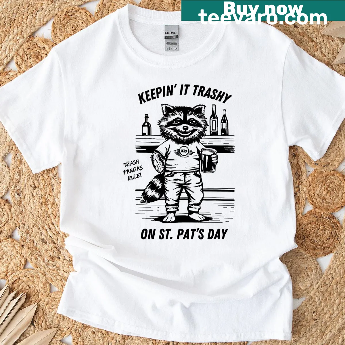 Cartoon raccoon shirt with 'Keepin' It Trashy' text for St. Patrick's Day — on a men's t-shirt