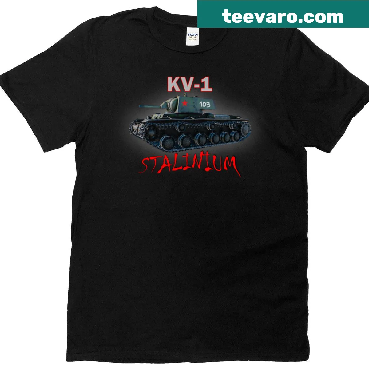 Bold text design Kv Stalinium Tank T-shirt — on a men's t-shirt