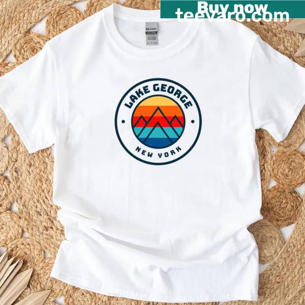 Illustrated T-shirt of Lake George with mountains and a dog