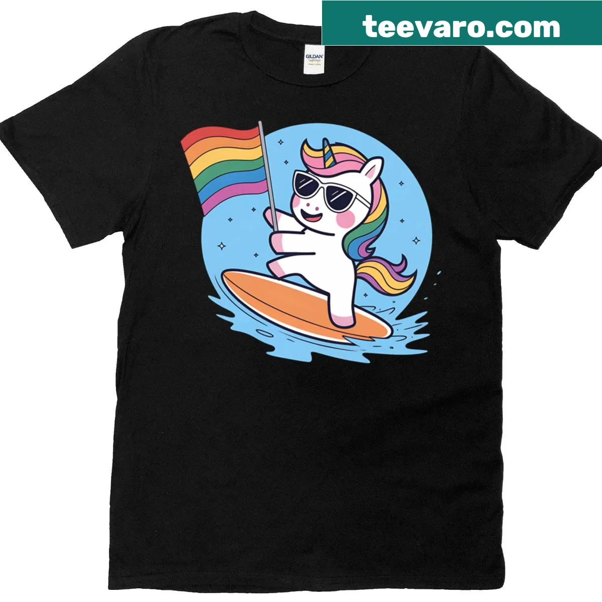 Whimsical unicorn surfing with a rainbow flag T-shirt — on a men's t-shirt