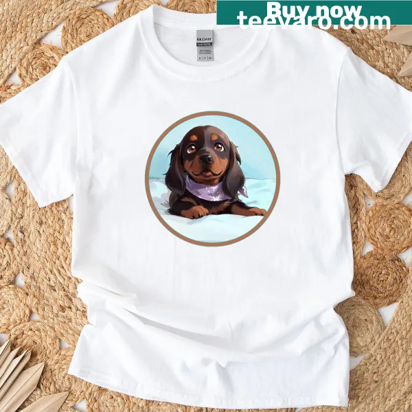 Illustration of a long-haired dachshund puppy on a T-shirt
