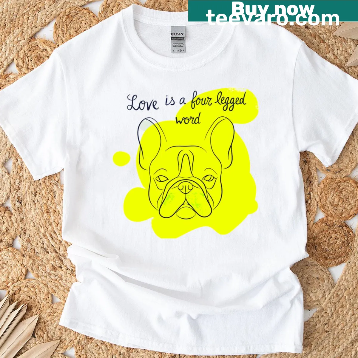 Illustration of bulldog paws with text Love Is A Four Legged Word — on a men's t-shirt