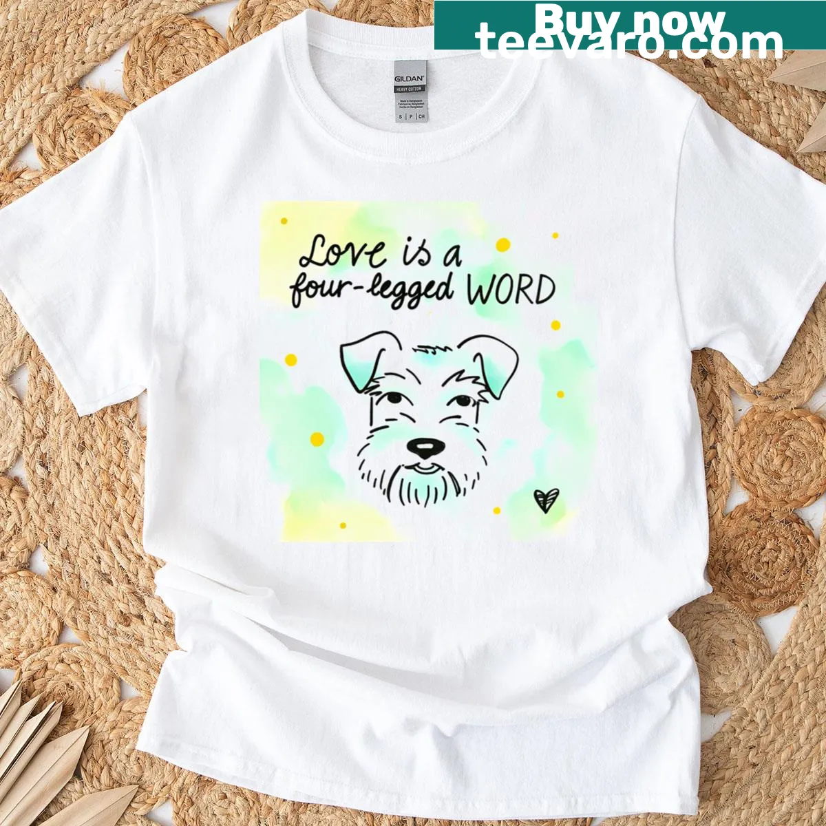 Schnauzer paw prints with Love Is A Four Legged Word graphic — on a men's t-shirt