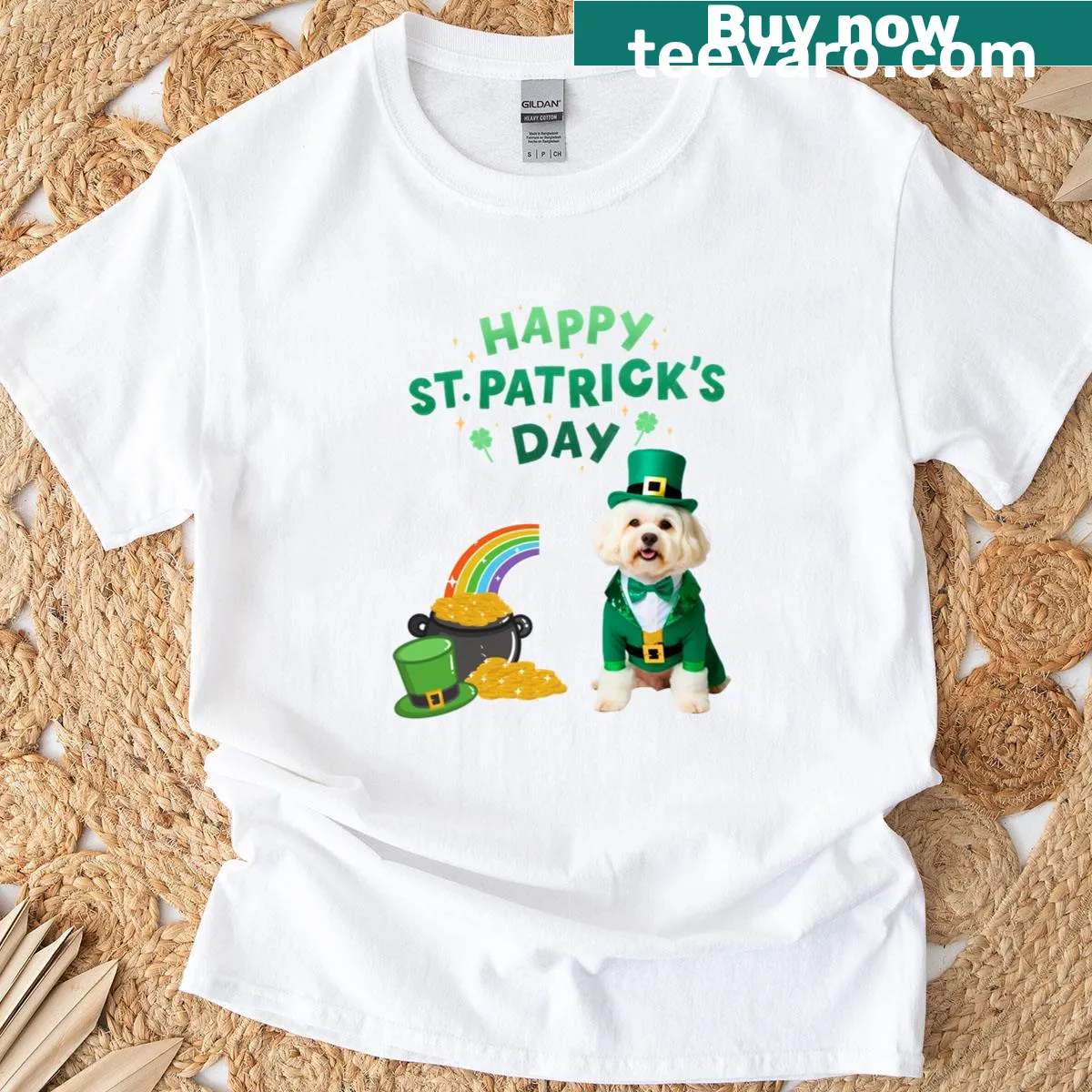 Illustrated Maltipoo leprechaun with pot of gold for St. Patrick's Day — on a men's t-shirt