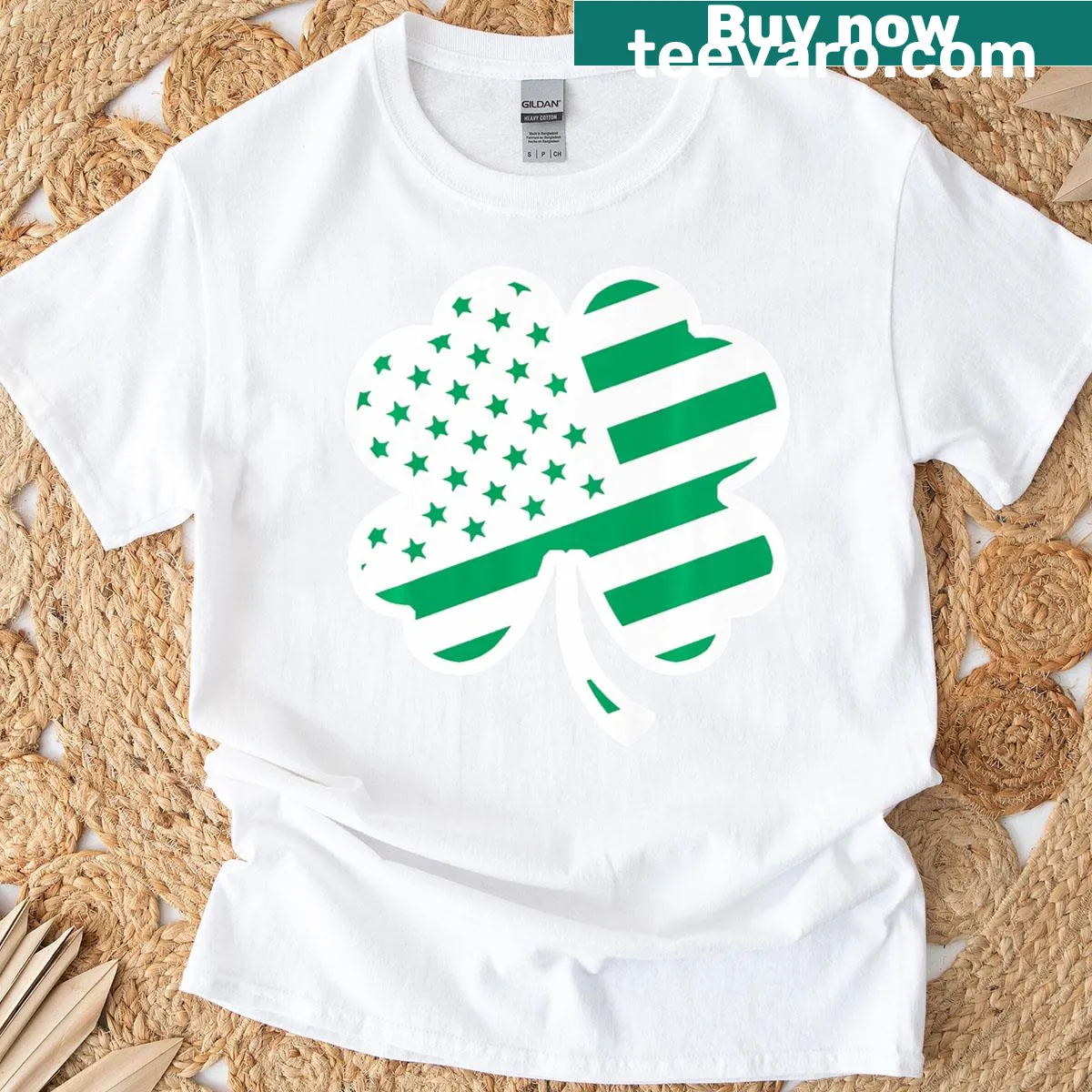 American flag and shamrock design for St. Patrick's Day — on a men's t-shirt