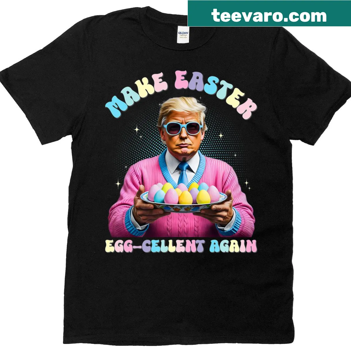 Funny Easter shirt with the phrase 'Make Easter Egg Cellent Again' and a bunny graphic. — on a men's t-shirt