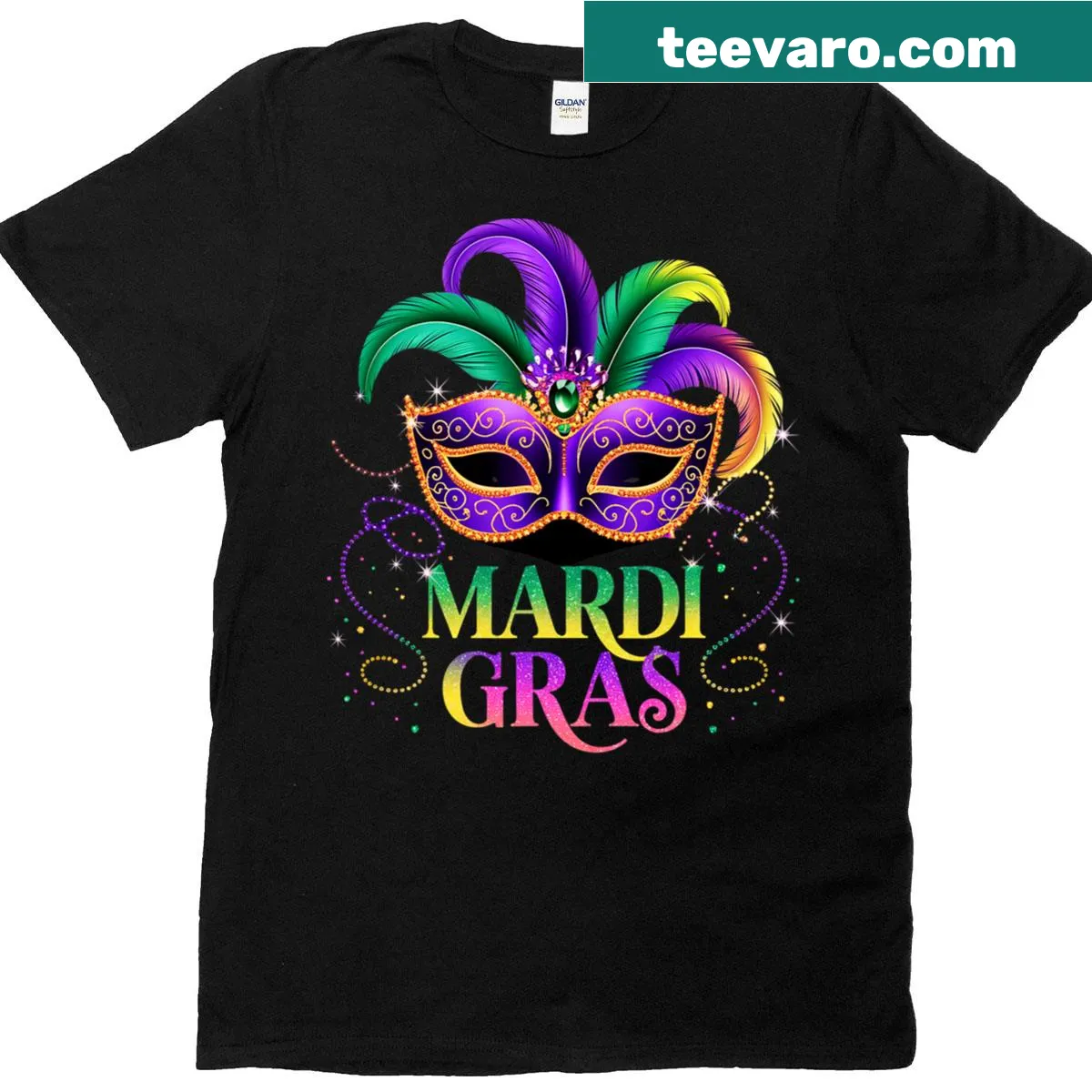 Cartoon Mardi Gras design with masks and feathers for kids — on a men's t-shirt