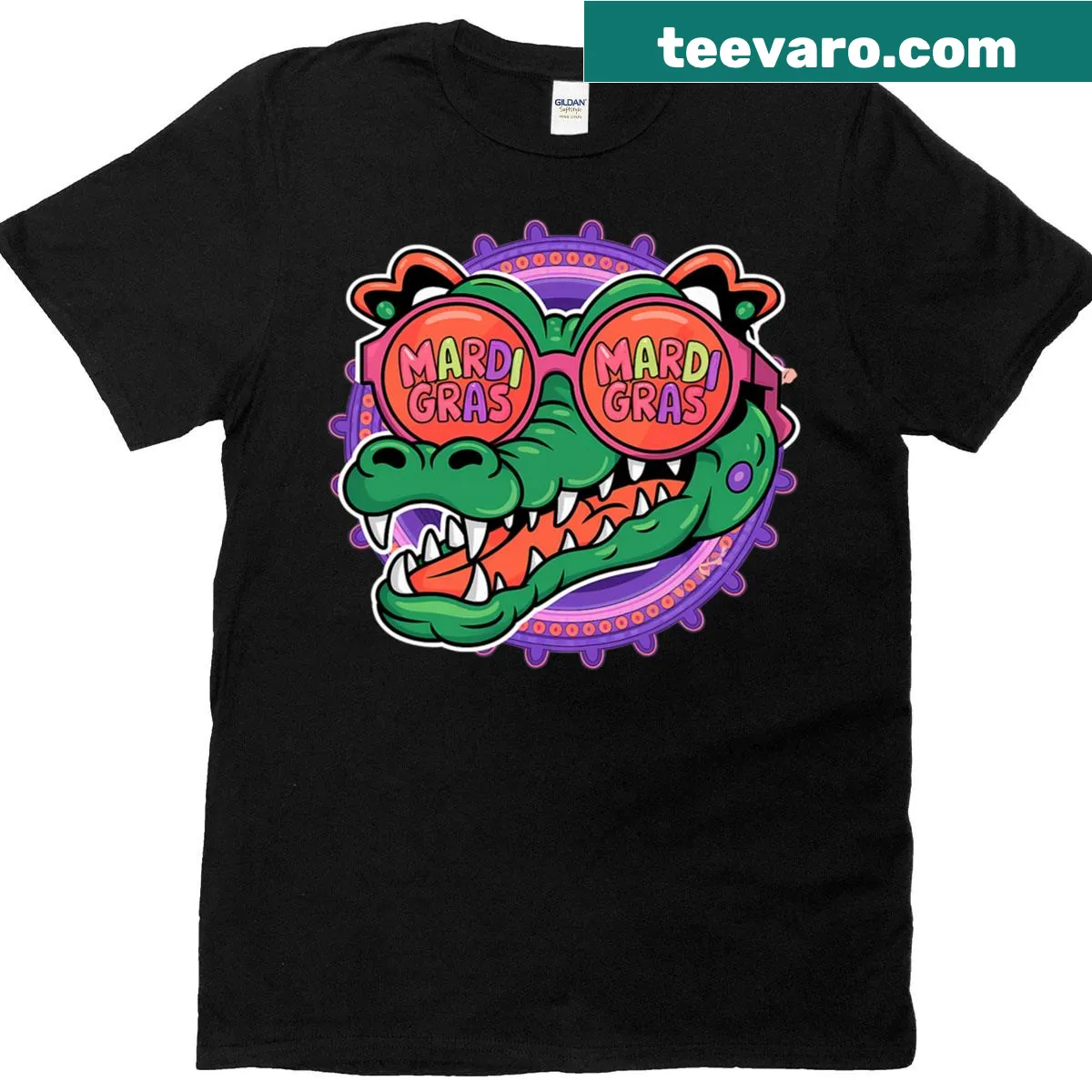 Cartoon alligator in costume on a Mardi Gras T-shirt — on a men's t-shirt